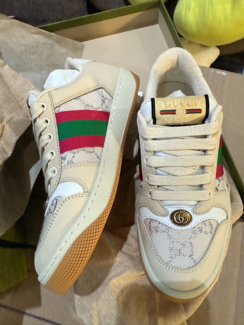 Gucci women Cream Leather Ace Sneakers with pink and Green Web 35
